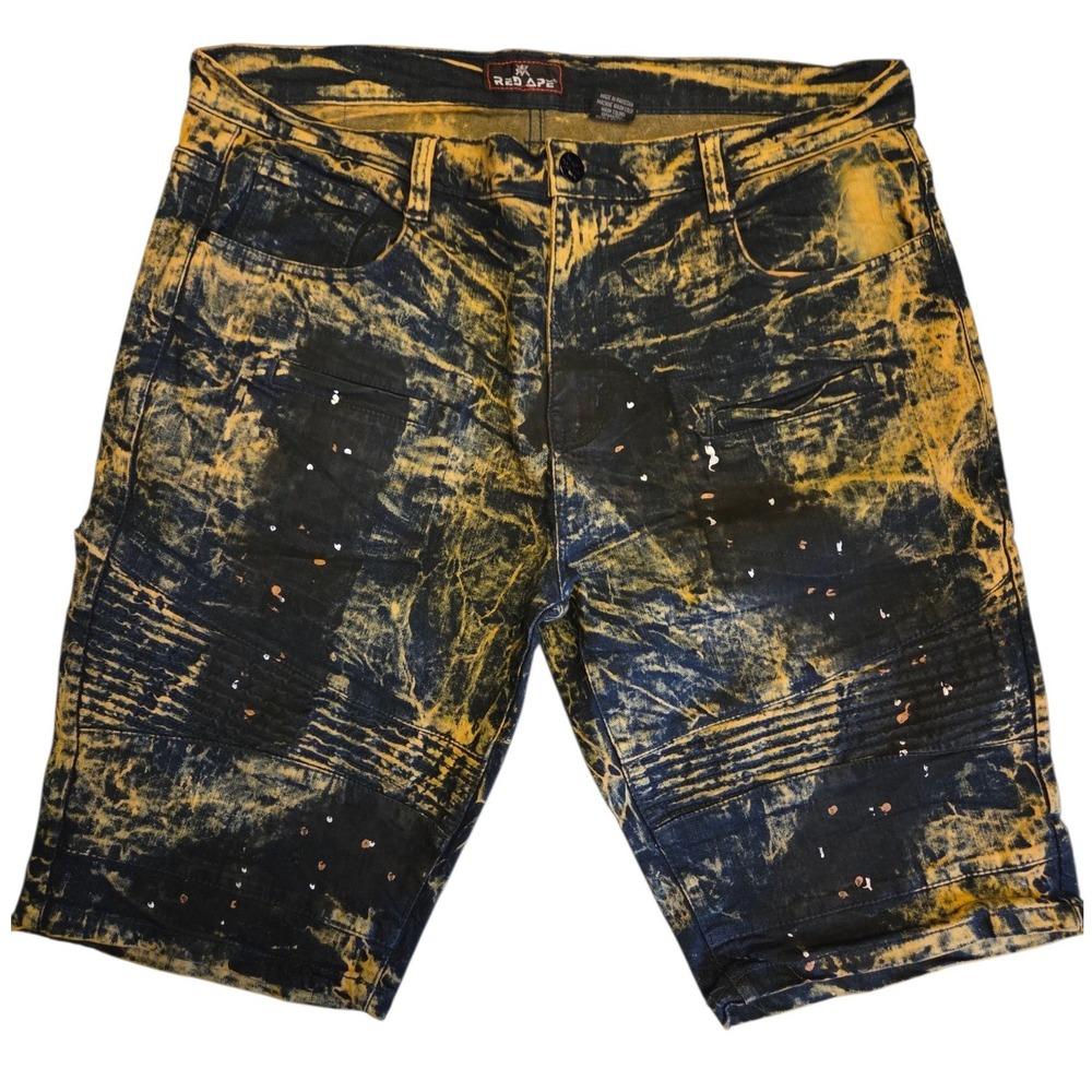Red Ape Men 38 Acid Wash Moto Denim Shorts Yellow Blue Paint Splatter Streetwear